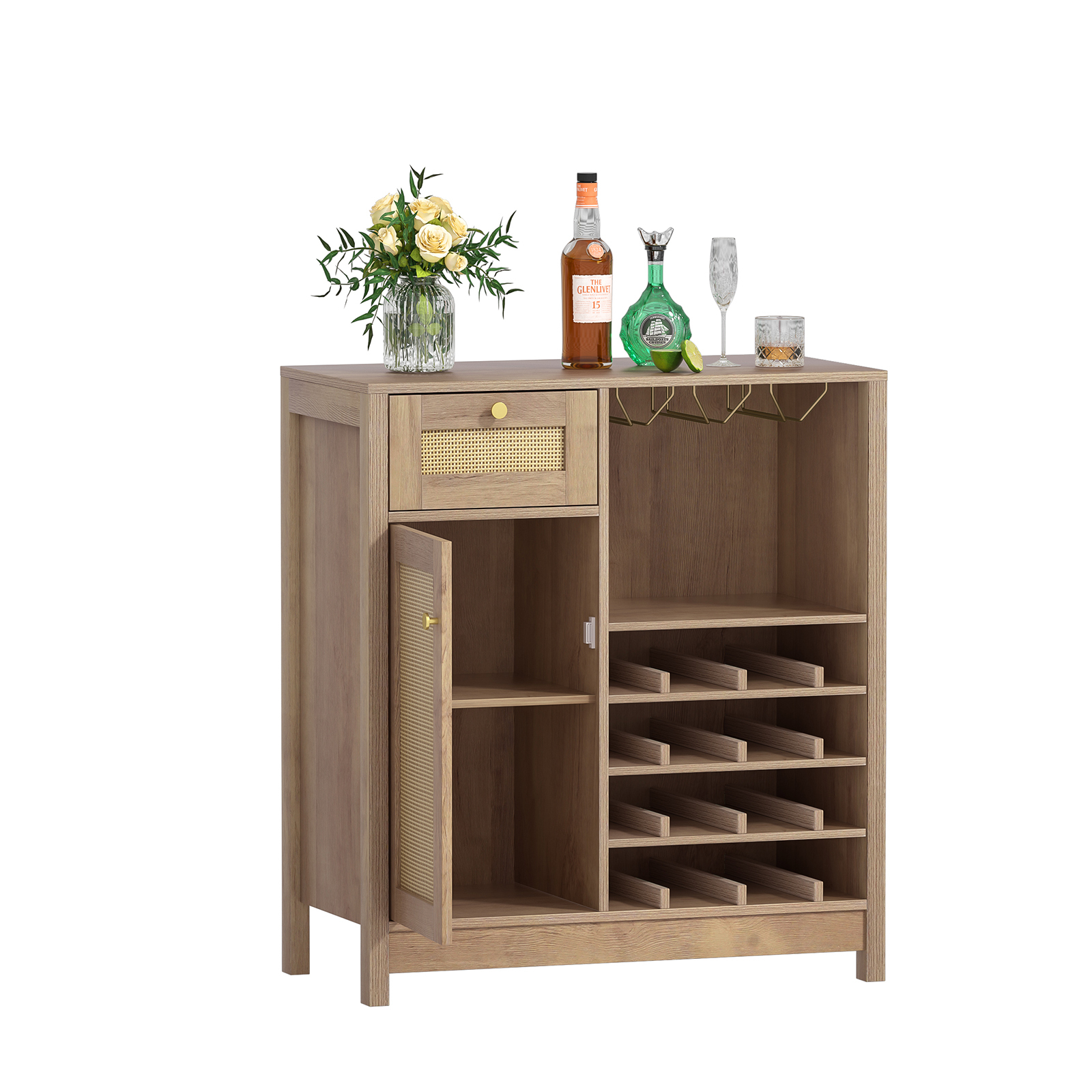 Anmytek Rattan Wine Bar Cabinet, Farmhouse Liquor Cabinet with Wine Rack & Glass Holder, Sideboard Buffet Storage Coffee Cabinet for Home Living Dining Room Kitchen, Rustic Oak