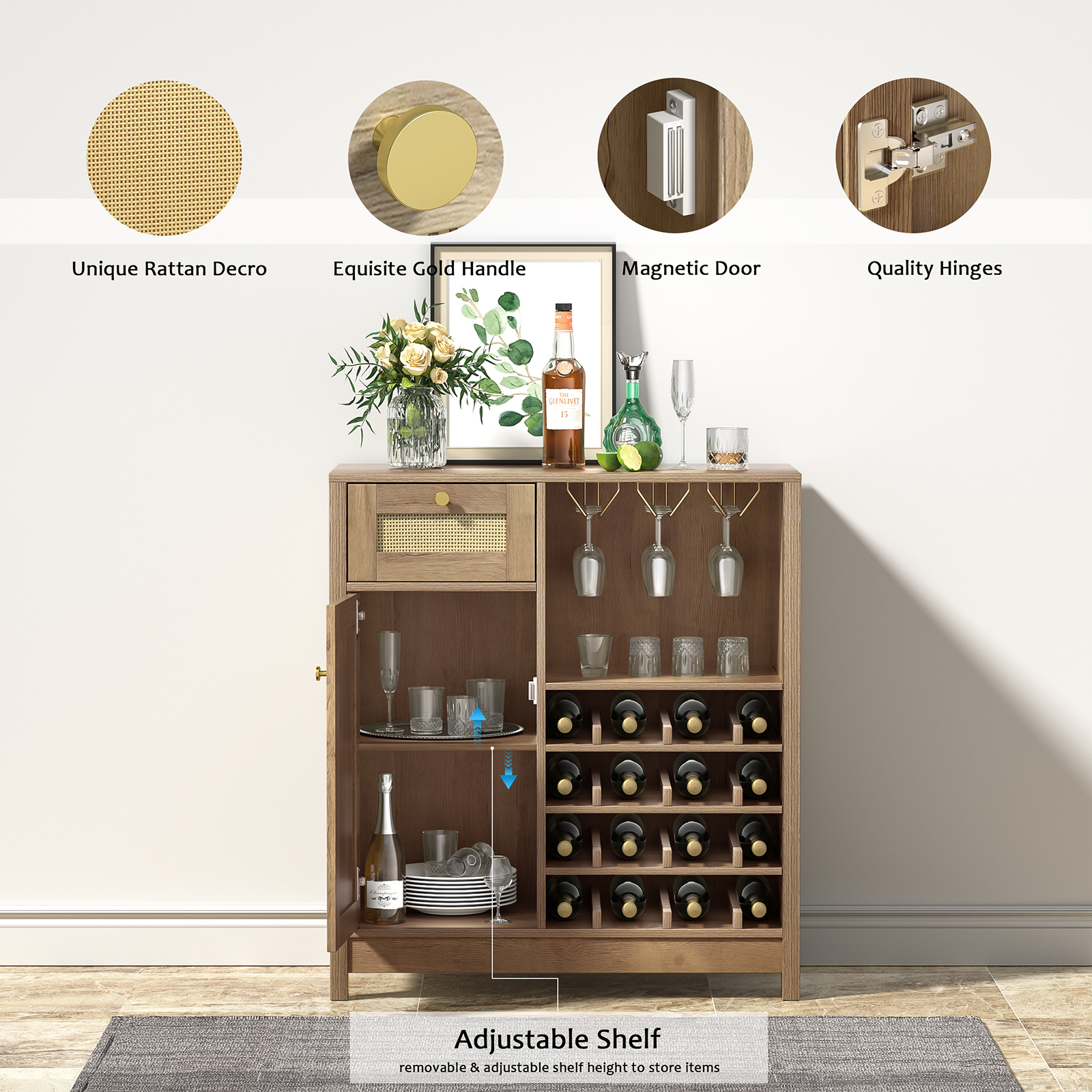 Anmytek Rattan Wine Bar Cabinet, Farmhouse Liquor Cabinet with Wine Rack & Glass Holder, Sideboard Buffet Storage Coffee Cabinet for Home Living Dining Room Kitchen, Rustic Oak