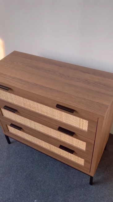 Anmytek 3 Drawer Dresser with Natural Rattan, Large Nightstand for Bedroom, Farmhouse Wood Chest of Drawer with Storage Versatile Bedside Table, Rustic Oak
