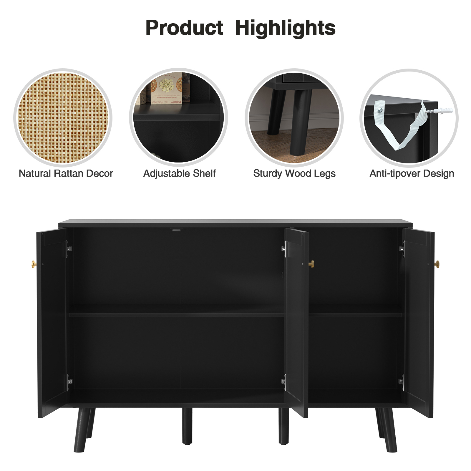 Anmytek Black 3 Doors Sideboard Cabinet with Natural Rattan,Hallway Buffet Cabinets Entryway, Storage Cabinet for Living Room, Kitchen