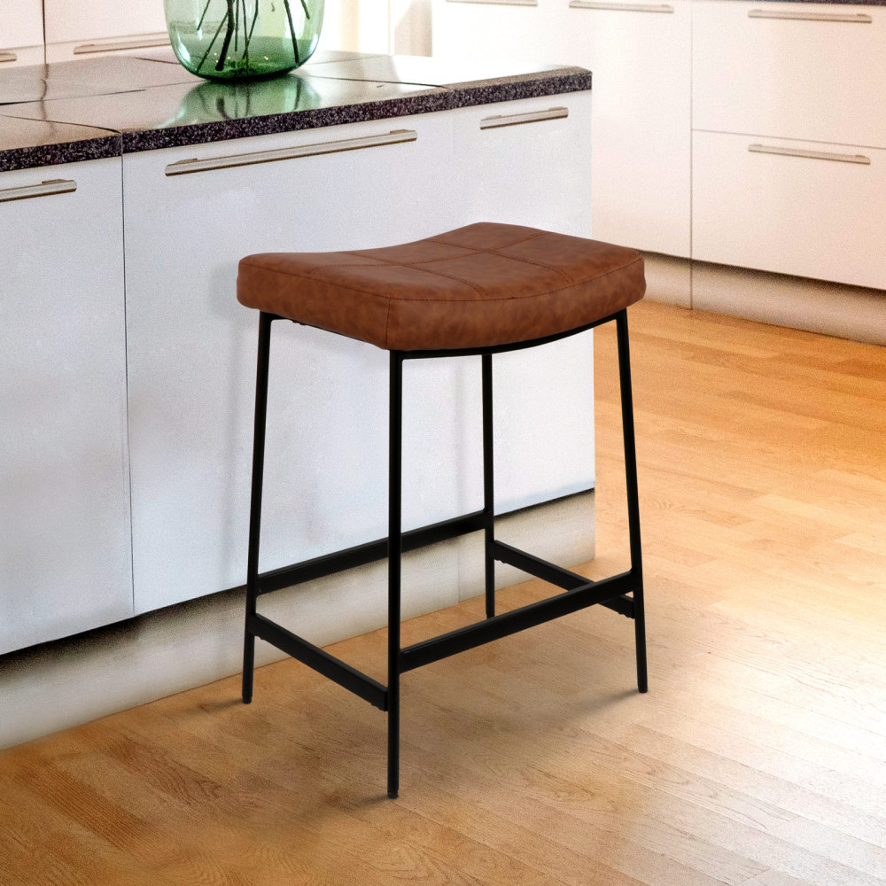 Anmytek 27" Backless Barstools Set of 2 Upholstered Saddle Seat for Kitchen Modern Counter Bar Stools with Thick Cushion and Footrest Brown