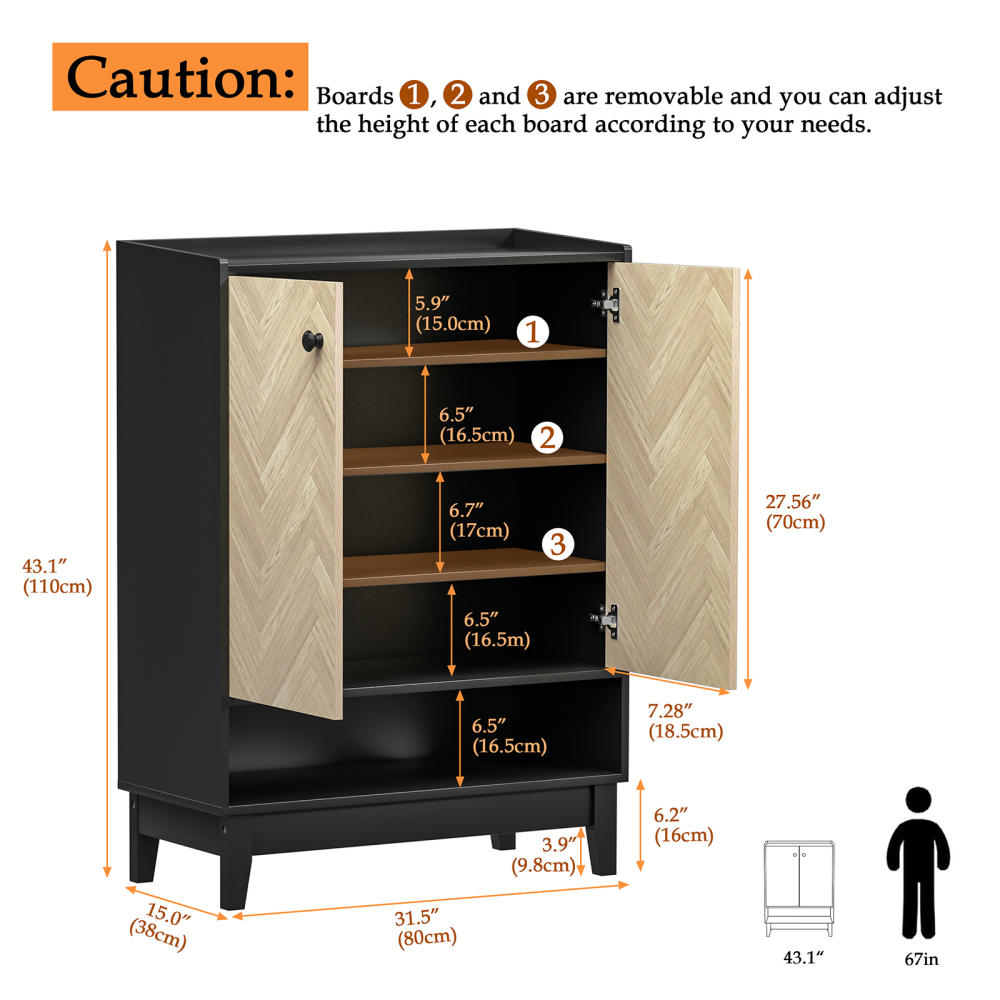 Anmytek Shoe Cabinet with Doors, 5-Tier Shoe Storage Cabinet for Entryway, Black Shoe Cabinets with Adjustable Shelves for Living Room, Bedroom, Wooden