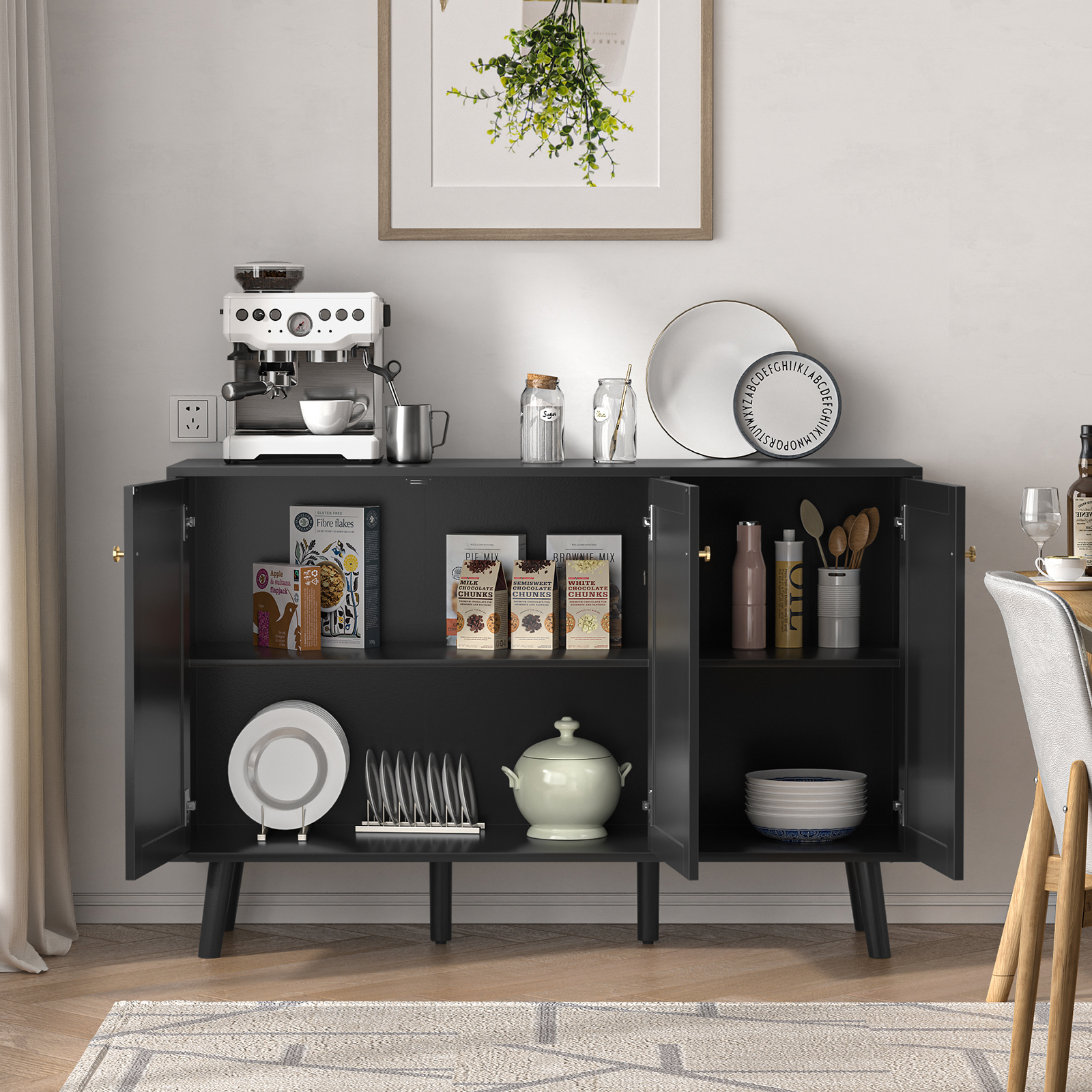 Anmytek Black 3 Doors Sideboard Cabinet with Natural Rattan,Hallway Buffet Cabinets Entryway, Storage Cabinet for Living Room, Kitchen