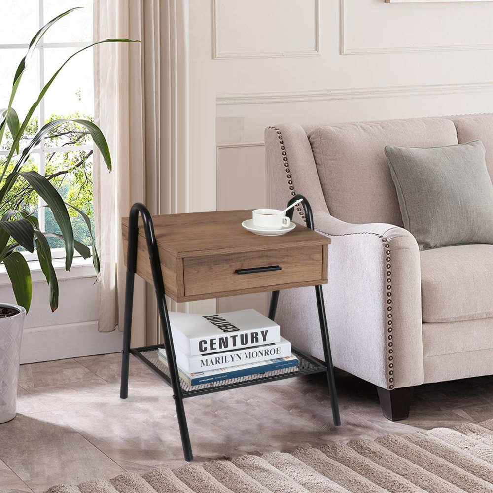 Anmytek Nightstand, Sofa End Table with Drawer and Mesh Shelf, Rustic Accent Bedside Table for Bedroom