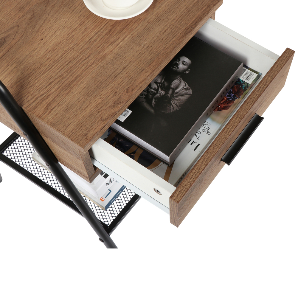 Anmytek Nightstand, Sofa End Table with Drawer and Mesh Shelf, Rustic Accent Bedside Table for Bedroom