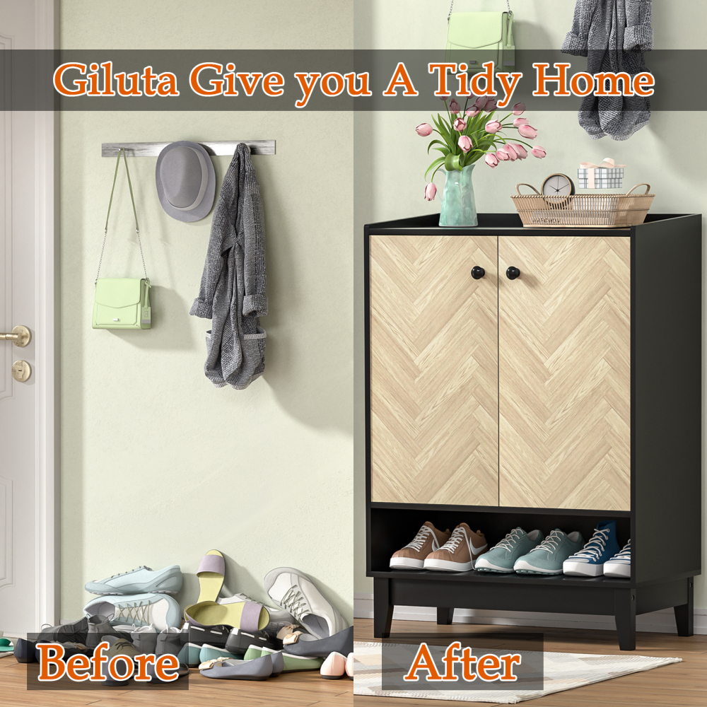 Anmytek Shoe Cabinet with Doors, 5-Tier Shoe Storage Cabinet for Entryway, Black Shoe Cabinets with Adjustable Shelves for Living Room, Bedroom, Wooden