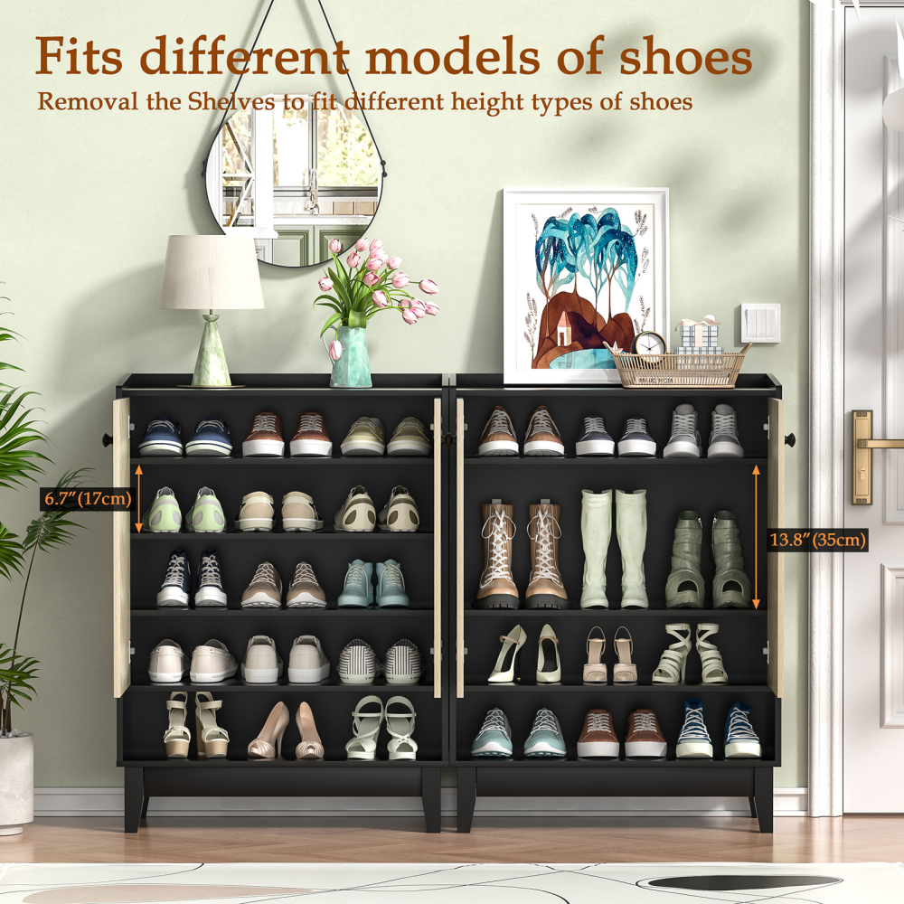 Anmytek Shoe Cabinet with Doors, 5-Tier Shoe Storage Cabinet for Entryway, Black Shoe Cabinets with Adjustable Shelves for Living Room, Bedroom, Wooden