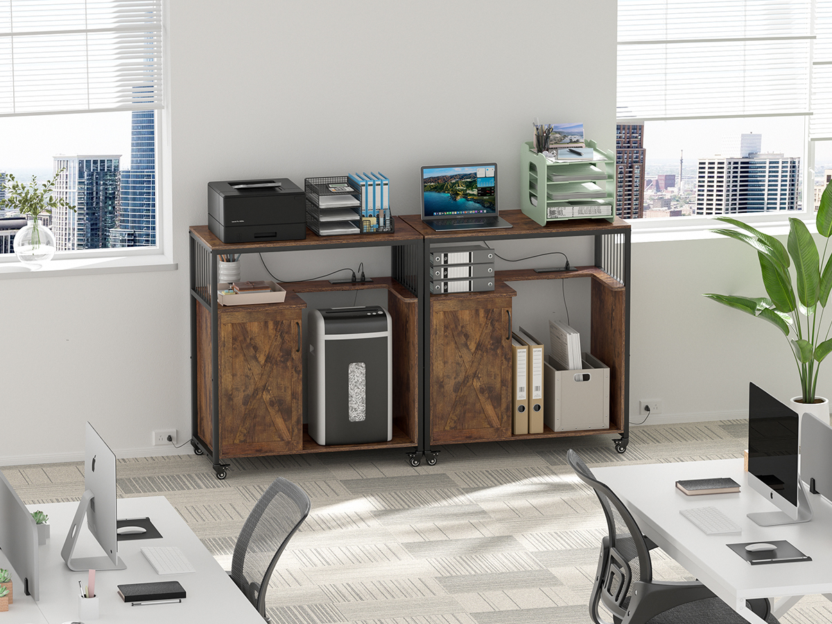 Anmytek Large Printer Stand with Storage, 4 Tier Printer Table with Adjustable Storage Shelf, Lateral File Cabinet with Socket and USB Charging Port with Paper Shredder Stand for Home, Office