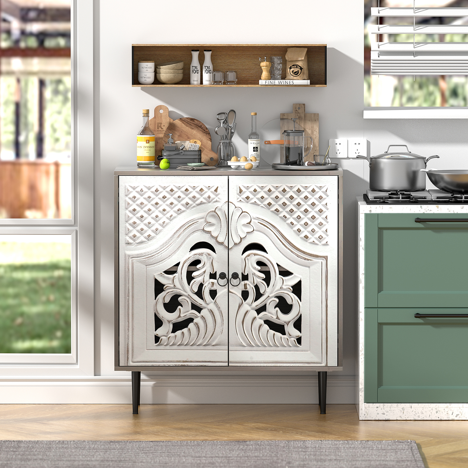 Anmytek Gray Sideboard Cabinet, Kitchen Buffet Cabinets with Door, Carve Accent Cabinet, Free Standing Console Table for Entryway