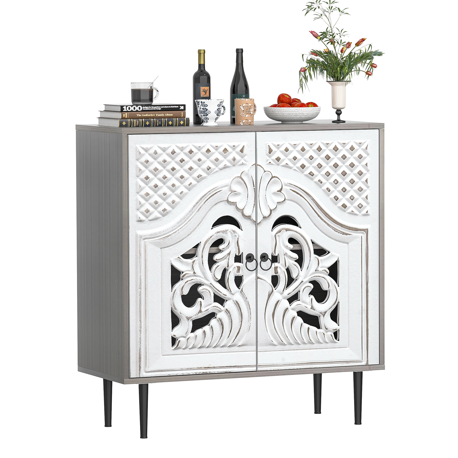 Anmytek Gray Sideboard Cabinet, Kitchen Buffet Cabinets with Door, Carve Accent Cabinet, Free Standing Console Table for Entryway