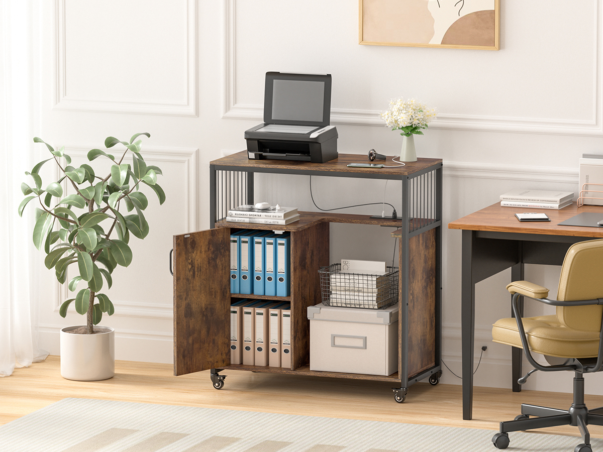 Anmytek Large Printer Stand with Storage, 4 Tier Printer Table with Adjustable Storage Shelf, Lateral File Cabinet with Socket and USB Charging Port with Paper Shredder Stand for Home, Office