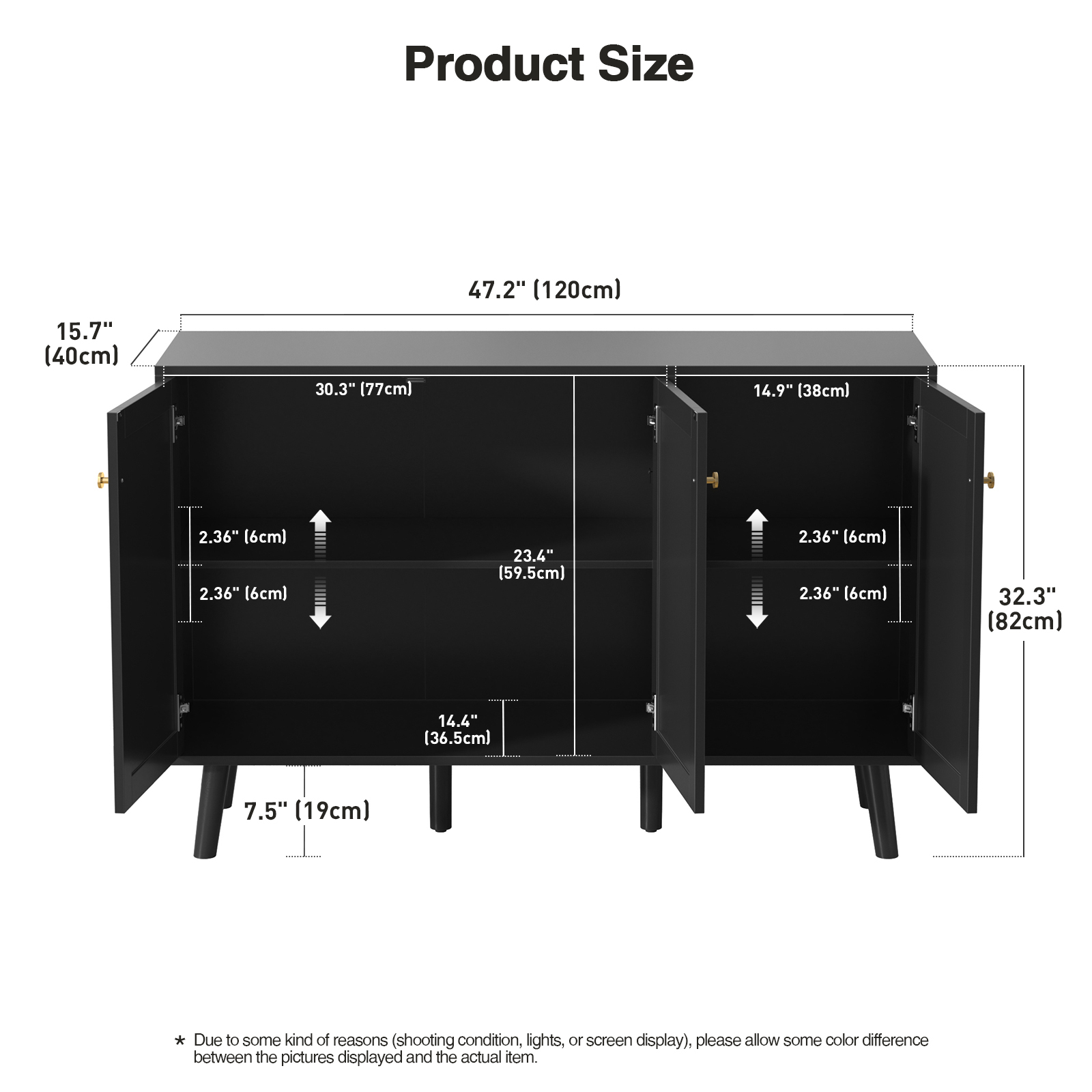 Anmytek Black 3 Doors Sideboard Cabinet with Natural Rattan,Hallway Buffet Cabinets Entryway, Storage Cabinet for Living Room, Kitchen