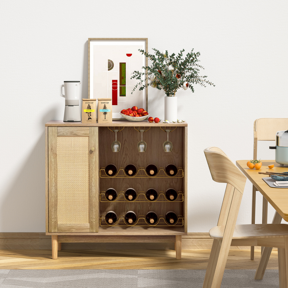 Anmytek Wine Cabinet with Wine Rack, Rattan Bar Buffet Cabinets with Storage, Cupboard Wood Sideboard for Wine Bottle, Liquor, Farmhouse Furniture