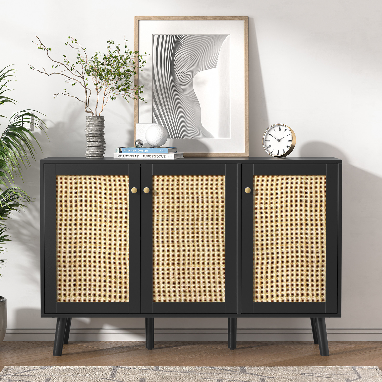 Anmytek Black 3 Doors Sideboard Cabinet with Natural Rattan,Hallway Buffet Cabinets Entryway, Storage Cabinet for Living Room, Kitchen
