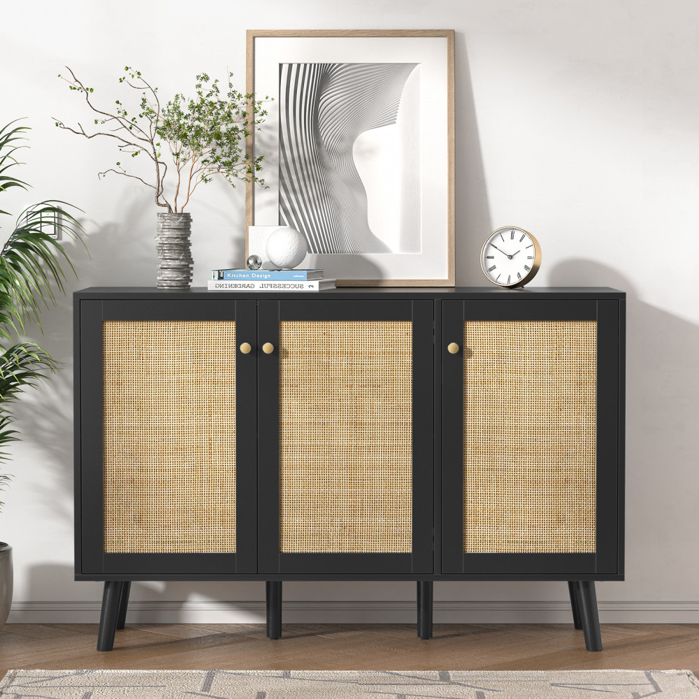 Anmytek Black 3 Doors Sideboard Cabinet with Natural Rattan,Hallway Buffet Cabinets Entryway, Storage Cabinet for Living Room, Kitchen