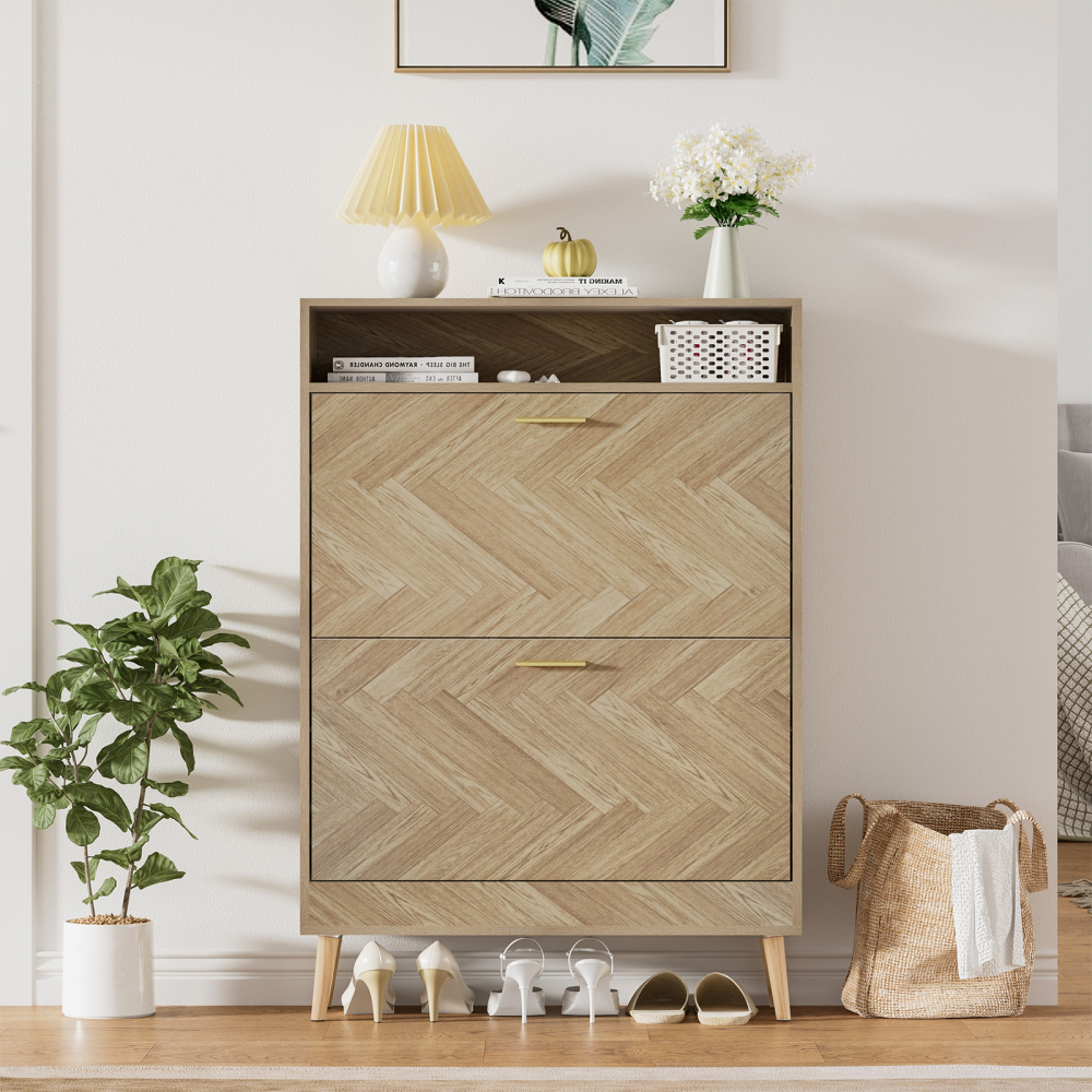 Anmytek Slim Shoe Storage Cabinet, Shoe Organizer for Entryway with 2 Flip Drawers, Wood Freestanding Shoe Cabinets,Narrow Farmhouse Shoes Rack
