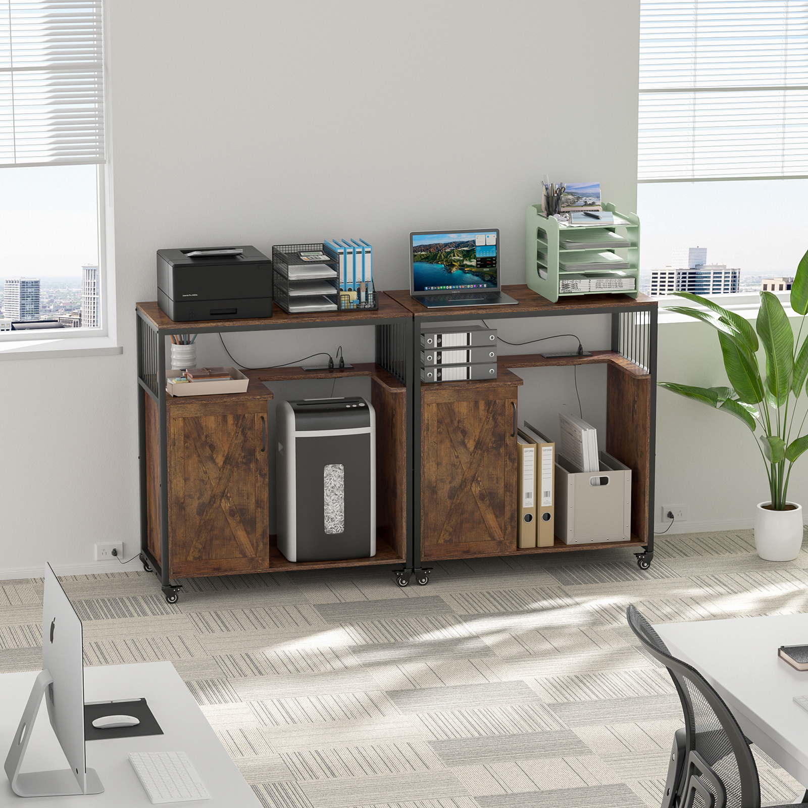 Anmytek Large Printer Stand with Storage, 4 Tier Printer Table with Adjustable Storage Shelf, Lateral File Cabinet with Socket and USB Charging Port with Paper Shredder Stand for Home, Office