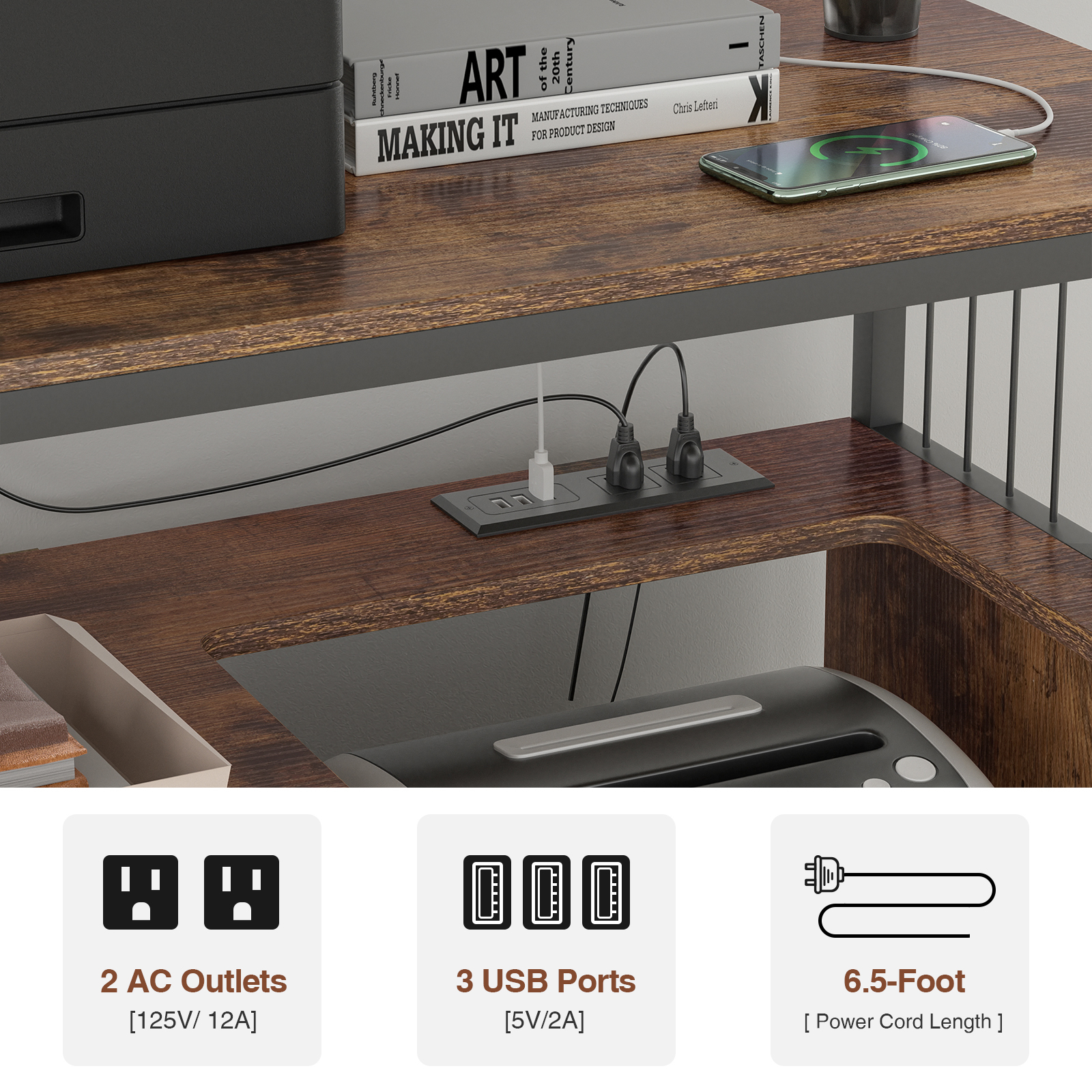 Anmytek Large Printer Stand with Storage, 4 Tier Printer Table with Adjustable Storage Shelf, Lateral File Cabinet with Socket and USB Charging Port with Paper Shredder Stand for Home, Office