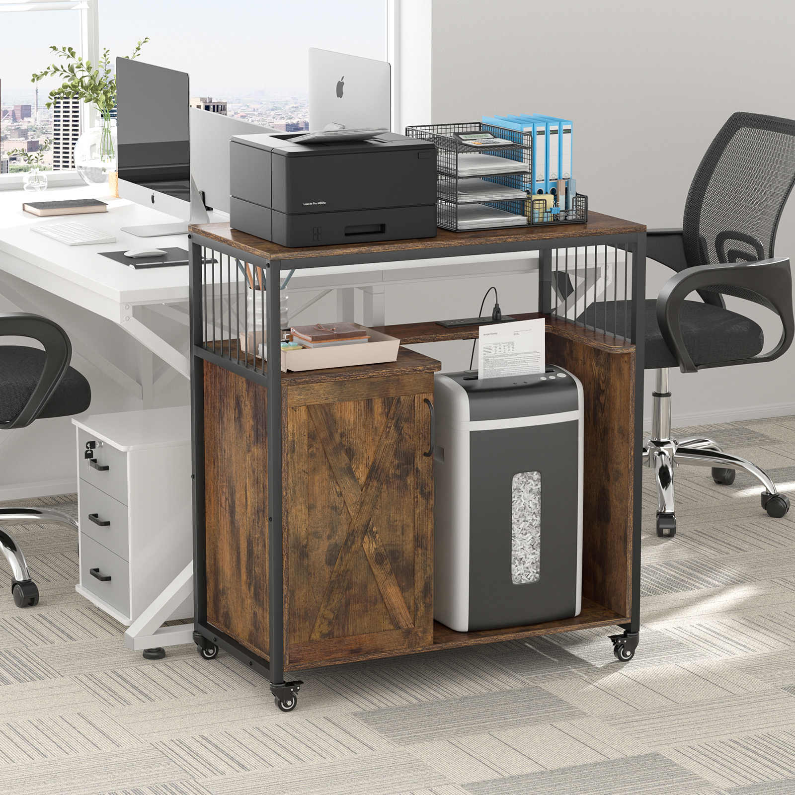 Anmytek Large Printer Stand with Storage, 4 Tier Printer Table with Adjustable Storage Shelf, Lateral File Cabinet with Socket and USB Charging Port with Paper Shredder Stand for Home, Office