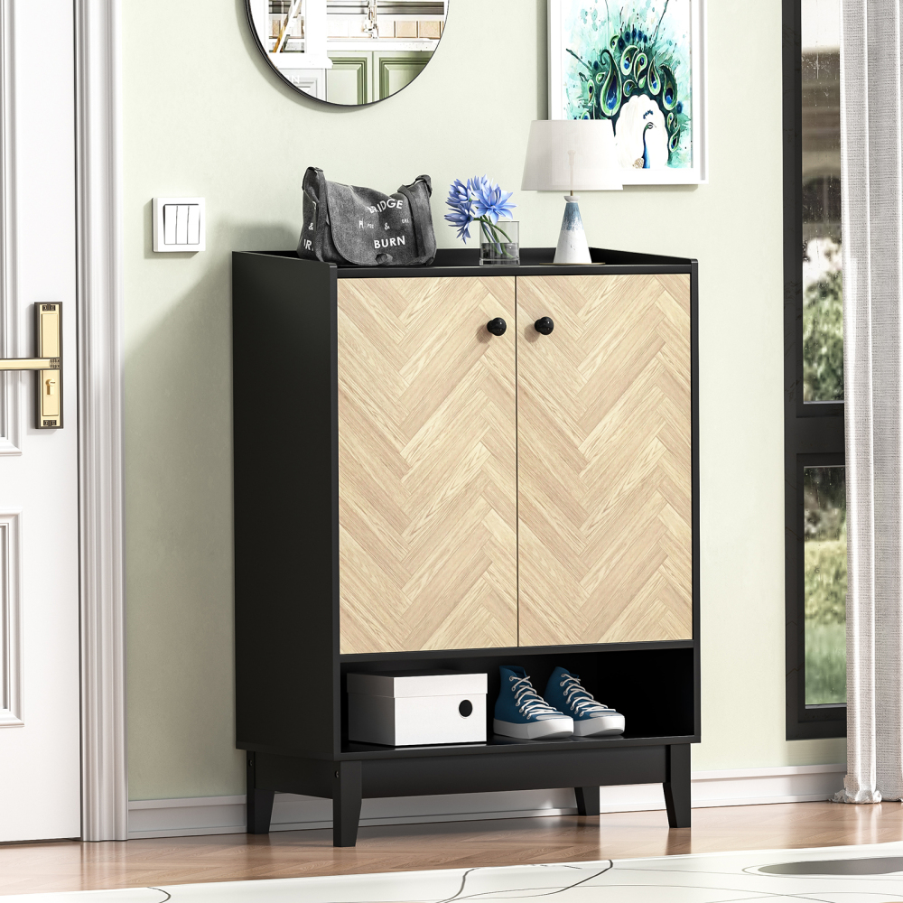 Anmytek Shoe Cabinet with Doors, 5-Tier Shoe Storage Cabinet for Entryway, Black Shoe Cabinets with Adjustable Shelves for Living Room, Bedroom, Wooden