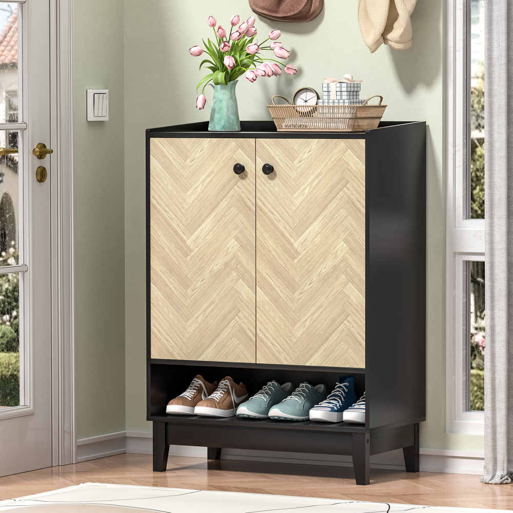 Anmytek Shoe Cabinet with Doors, 5-Tier Shoe Storage Cabinet for Entryway, Black Shoe Cabinets with Adjustable Shelves for Living Room, Bedroom, Wooden