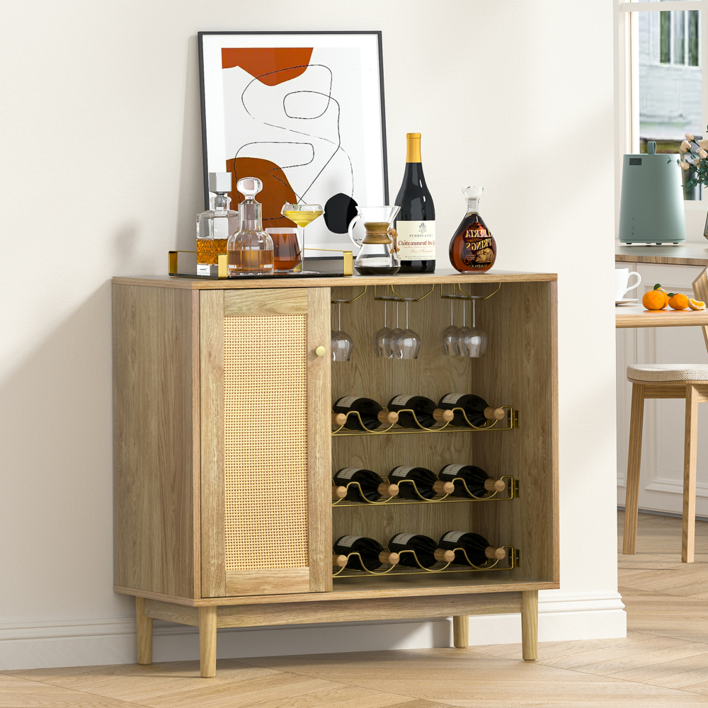 Anmytek Wine Cabinet with Wine Rack, Rattan Bar Buffet Cabinets with Storage, Cupboard Wood Sideboard for Wine Bottle, Liquor, Farmhouse Furniture