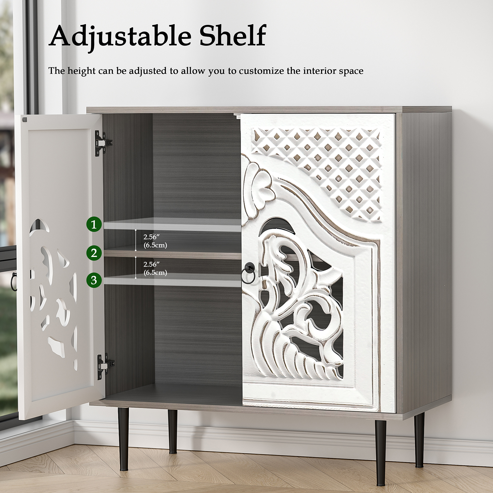 Anmytek Gray Sideboard Cabinet, Kitchen Buffet Cabinets with Door, Carve Accent Cabinet, Free Standing Console Table for Entryway
