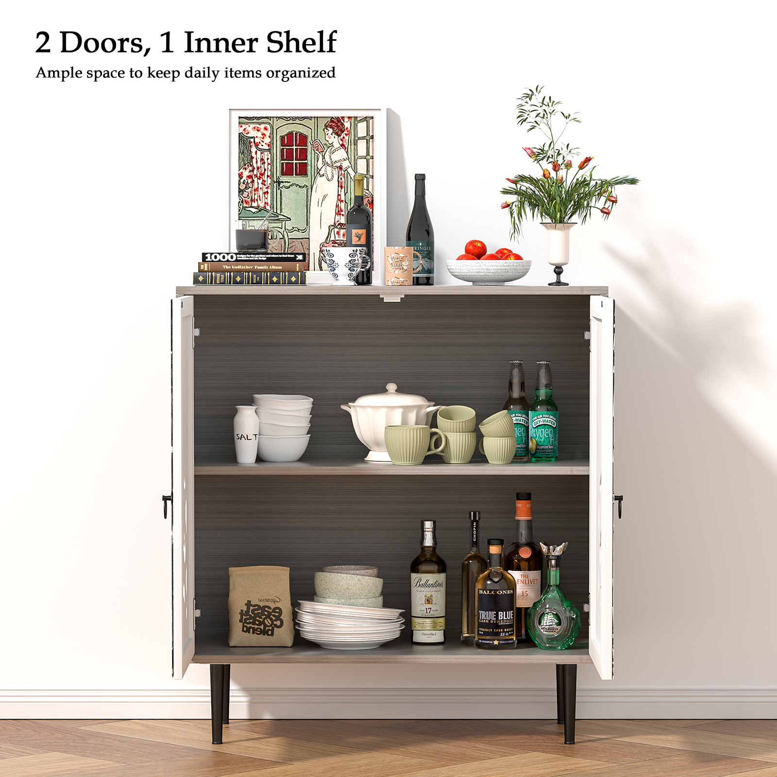 Anmytek Gray Sideboard Cabinet, Kitchen Buffet Cabinets with Door, Carve Accent Cabinet, Free Standing Console Table for Entryway
