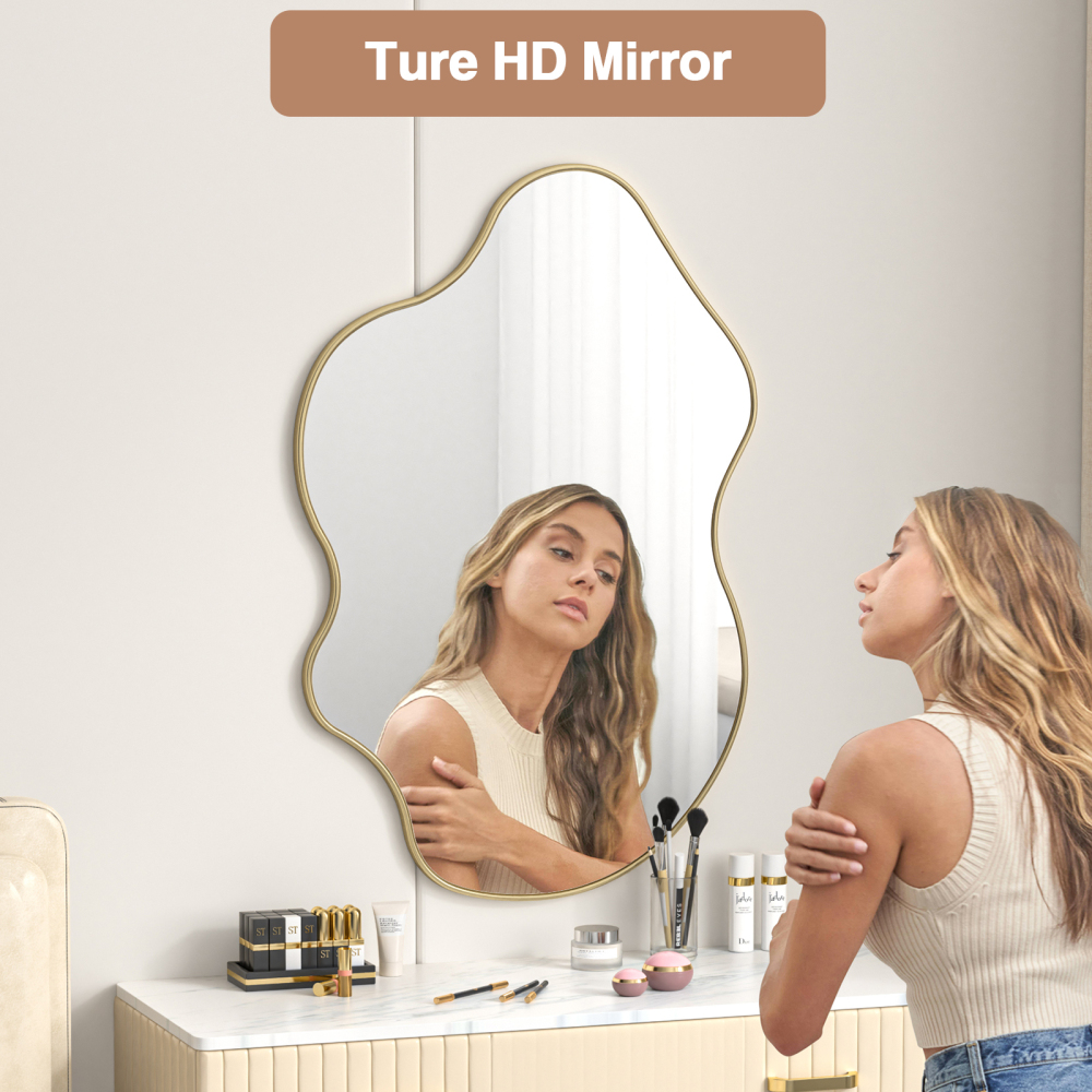 Anmytek Irregular Wall Mirror, 35" L x 24" W Asymmetrical Mirrors Decorative, Gold Vanity Bathroom Mirror for Bedroom Entryway