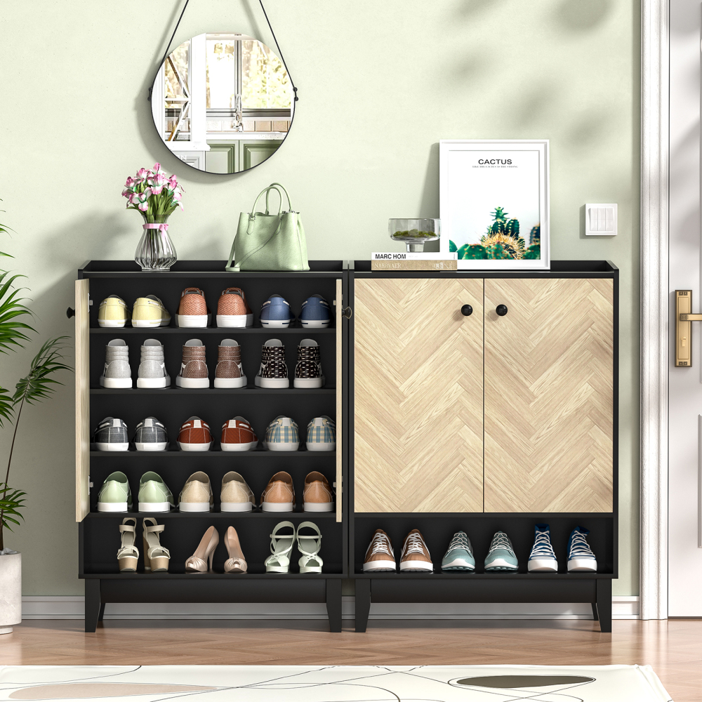 Anmytek Shoe Cabinet with Doors, 5-Tier Shoe Storage Cabinet for Entryway, Black Shoe Cabinets with Adjustable Shelves for Living Room, Bedroom, Wooden