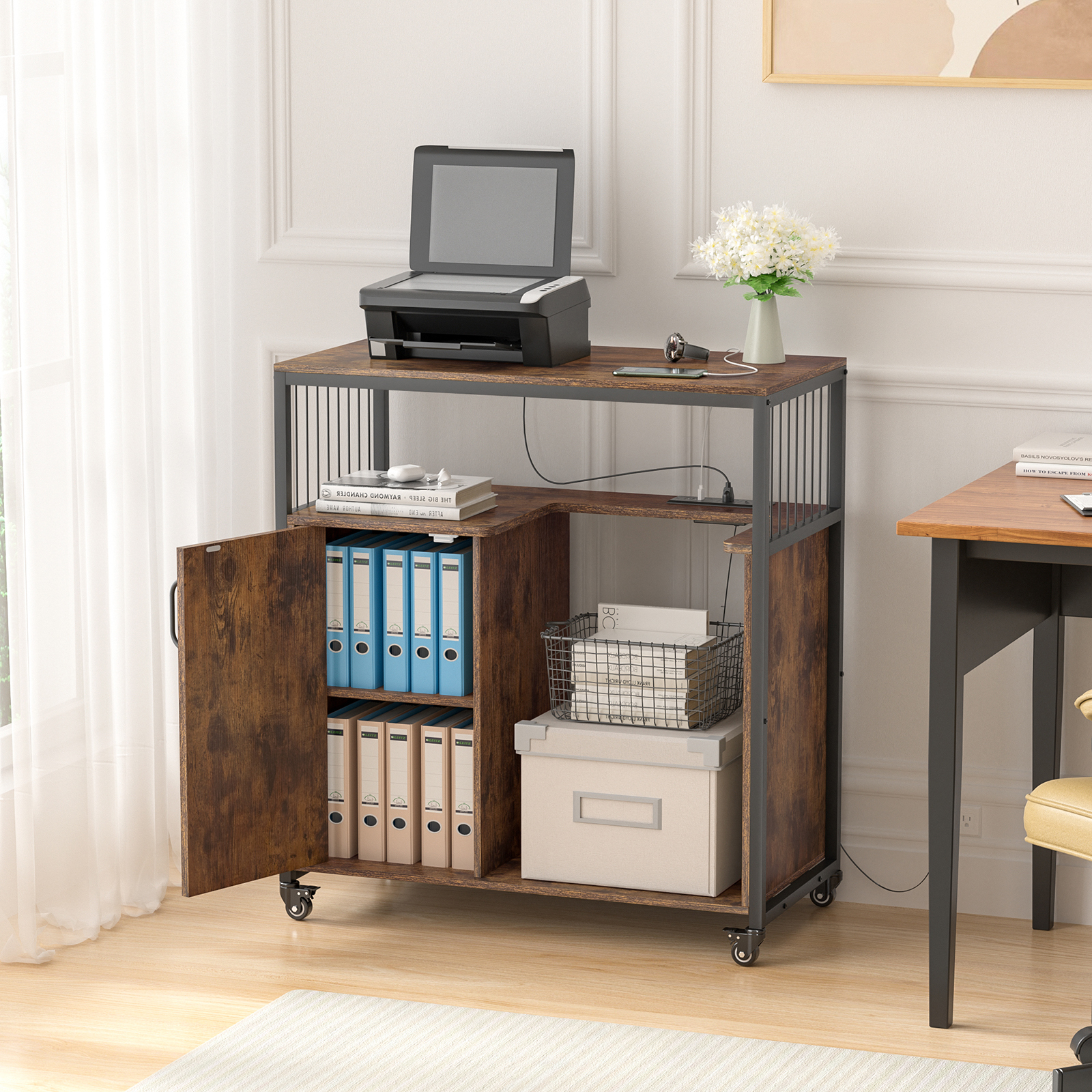 Anmytek Large Printer Stand with Storage, 4 Tier Printer Table with Adjustable Storage Shelf, Lateral File Cabinet with Socket and USB Charging Port with Paper Shredder Stand for Home, Office