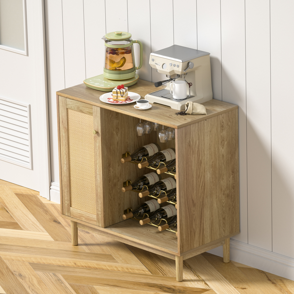 Anmytek Wine Cabinet with Wine Rack, Rattan Bar Buffet Cabinets with Storage, Cupboard Wood Sideboard for Wine Bottle, Liquor, Farmhouse Furniture