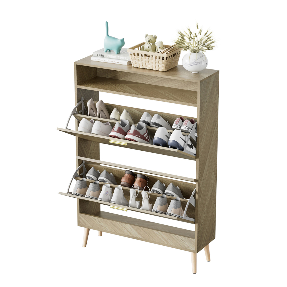 Anmytek Slim Shoe Storage Cabinet, Shoe Organizer for Entryway with 2 Flip Drawers, Wood Freestanding Shoe Cabinets,Narrow Farmhouse Shoes Rack