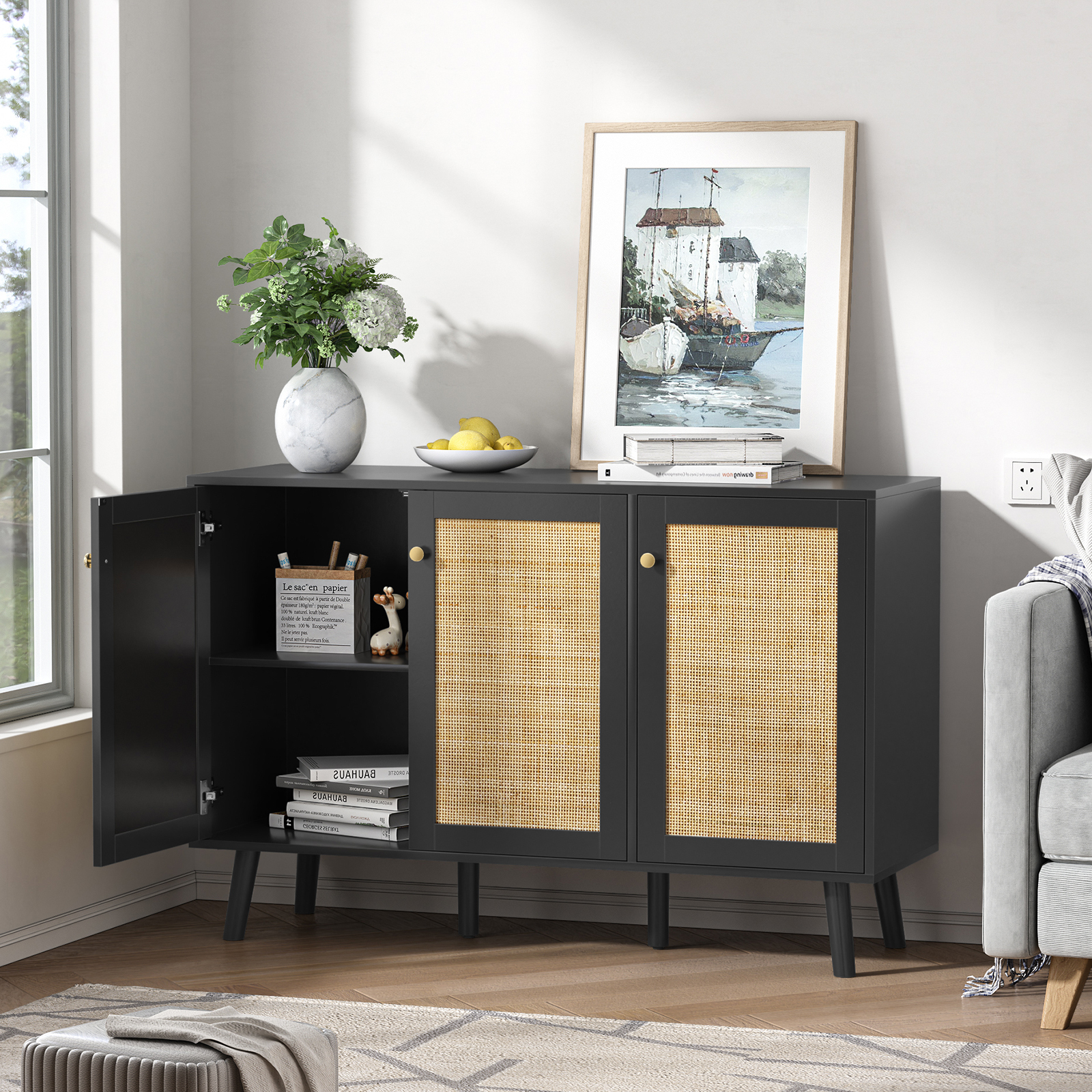 Anmytek Black 3 Doors Sideboard Cabinet with Natural Rattan,Hallway Buffet Cabinets Entryway, Storage Cabinet for Living Room, Kitchen