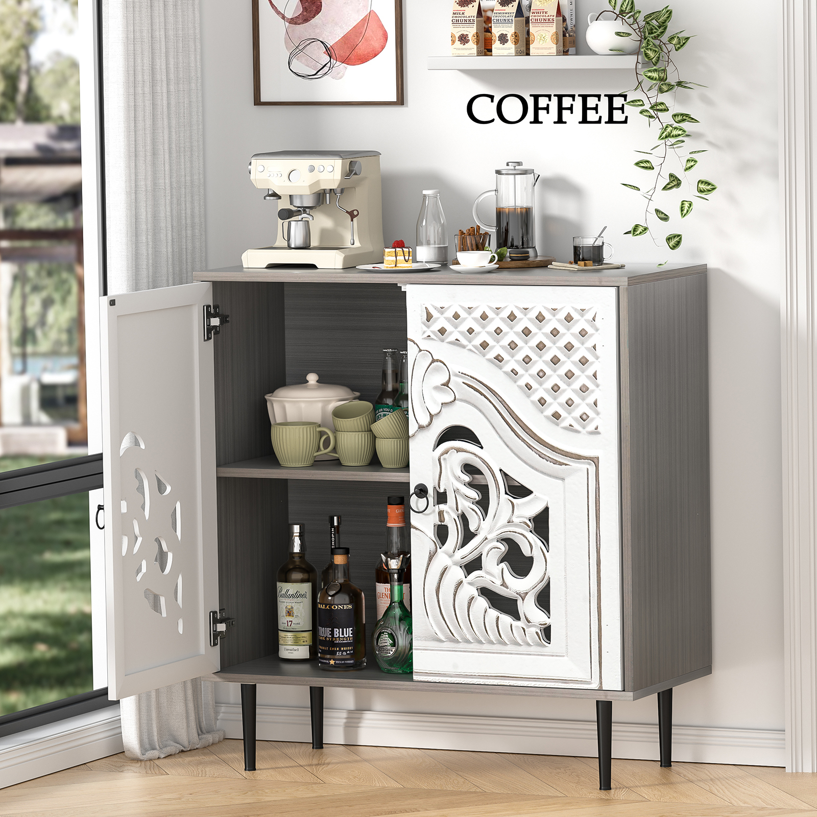Anmytek Gray Sideboard Cabinet, Kitchen Buffet Cabinets with Door, Carve Accent Cabinet, Free Standing Console Table for Entryway