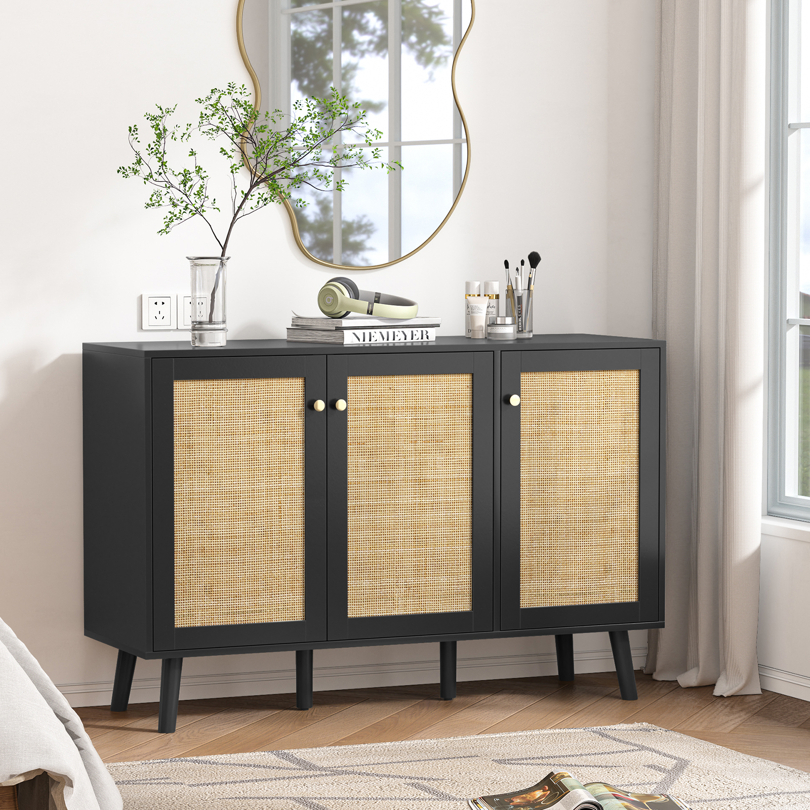 Anmytek Black 3 Doors Sideboard Cabinet with Natural Rattan,Hallway Buffet Cabinets Entryway, Storage Cabinet for Living Room, Kitchen