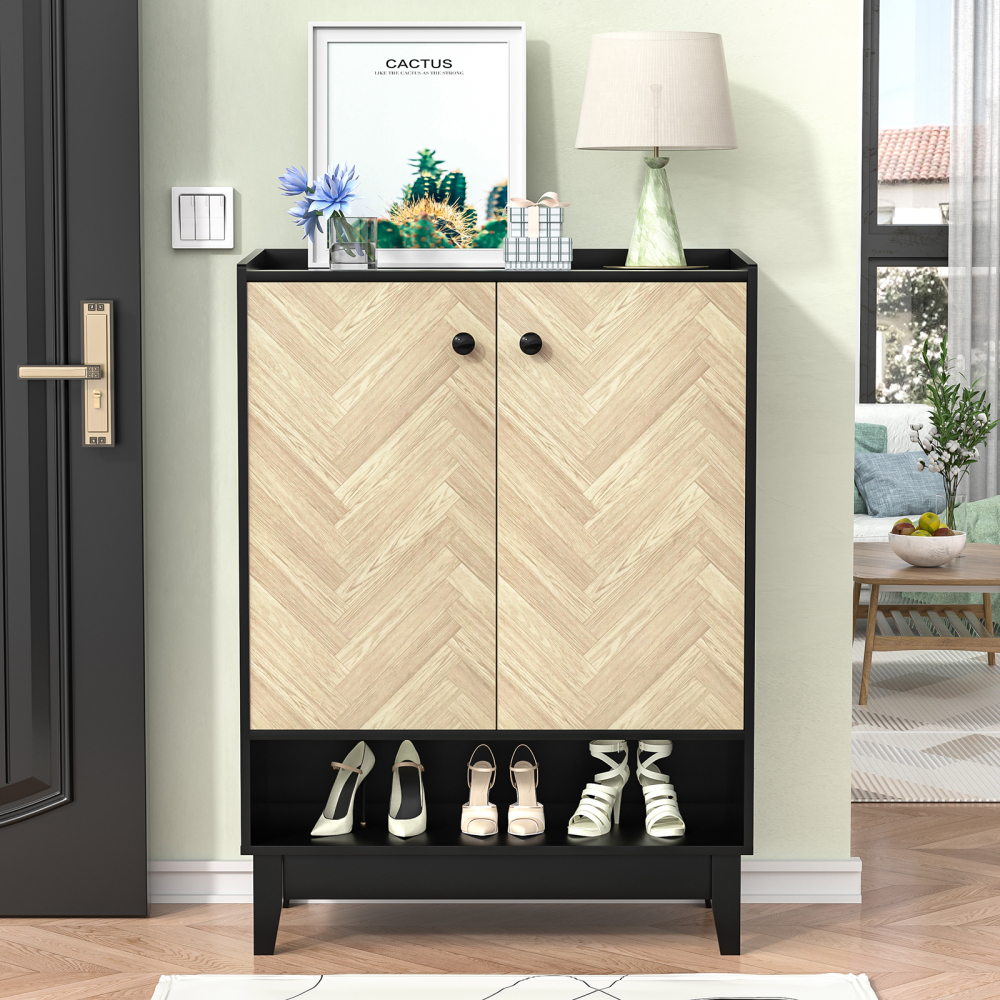 Anmytek Shoe Cabinet with Doors, 5-Tier Shoe Storage Cabinet for Entryway, Black Shoe Cabinets with Adjustable Shelves for Living Room, Bedroom, Wooden