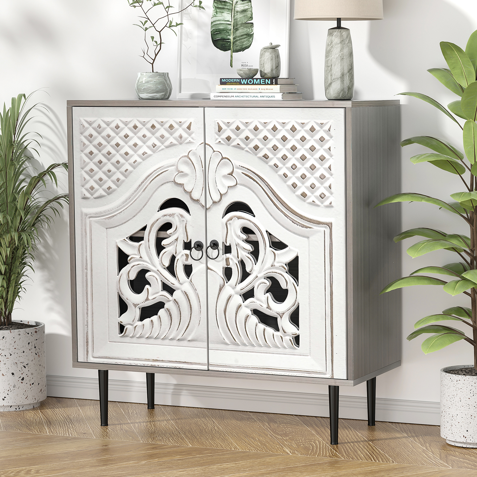 Anmytek Gray Sideboard Cabinet, Kitchen Buffet Cabinets with Door, Carve Accent Cabinet, Free Standing Console Table for Entryway