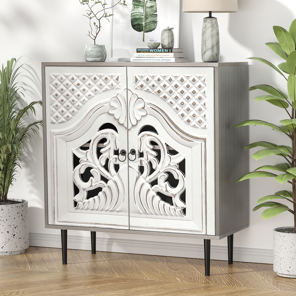 Anmytek Gray Sideboard Cabinet, Kitchen Buffet Cabinets with Door, Carve Accent Cabinet, Free Standing Console Table for Entryway