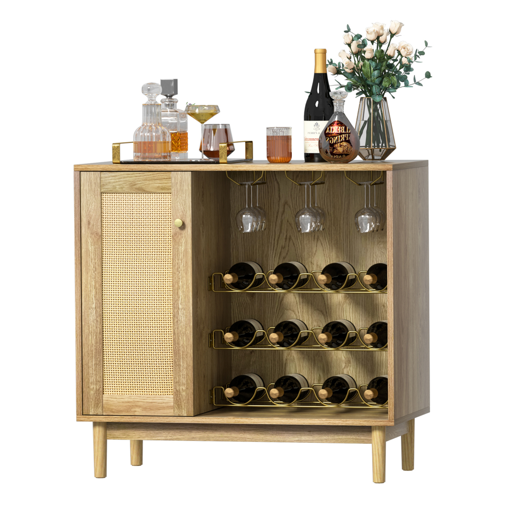 Anmytek Wine Cabinet with Wine Rack, Rattan Bar Buffet Cabinets with Storage, Cupboard Wood Sideboard for Wine Bottle, Liquor, Farmhouse Furniture