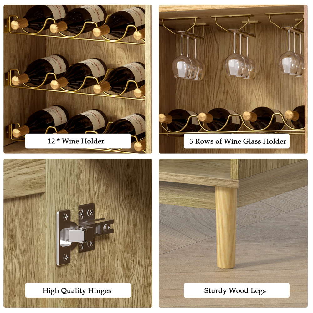 Anmytek Wine Cabinet with Wine Rack, Rattan Bar Buffet Cabinets with Storage, Cupboard Wood Sideboard for Wine Bottle, Liquor, Farmhouse Furniture