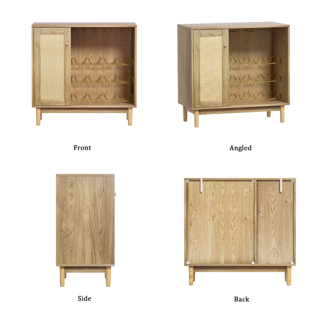 Anmytek Wine Cabinet with Wine Rack, Rattan Bar Buffet Cabinets with Storage, Cupboard Wood Sideboard for Wine Bottle, Liquor, Farmhouse Furniture