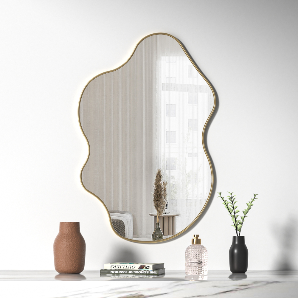 Anmytek Irregular Wall Mirror, 35" L x 24" W Asymmetrical Mirrors Decorative, Gold Vanity Bathroom Mirror for Bedroom Entryway