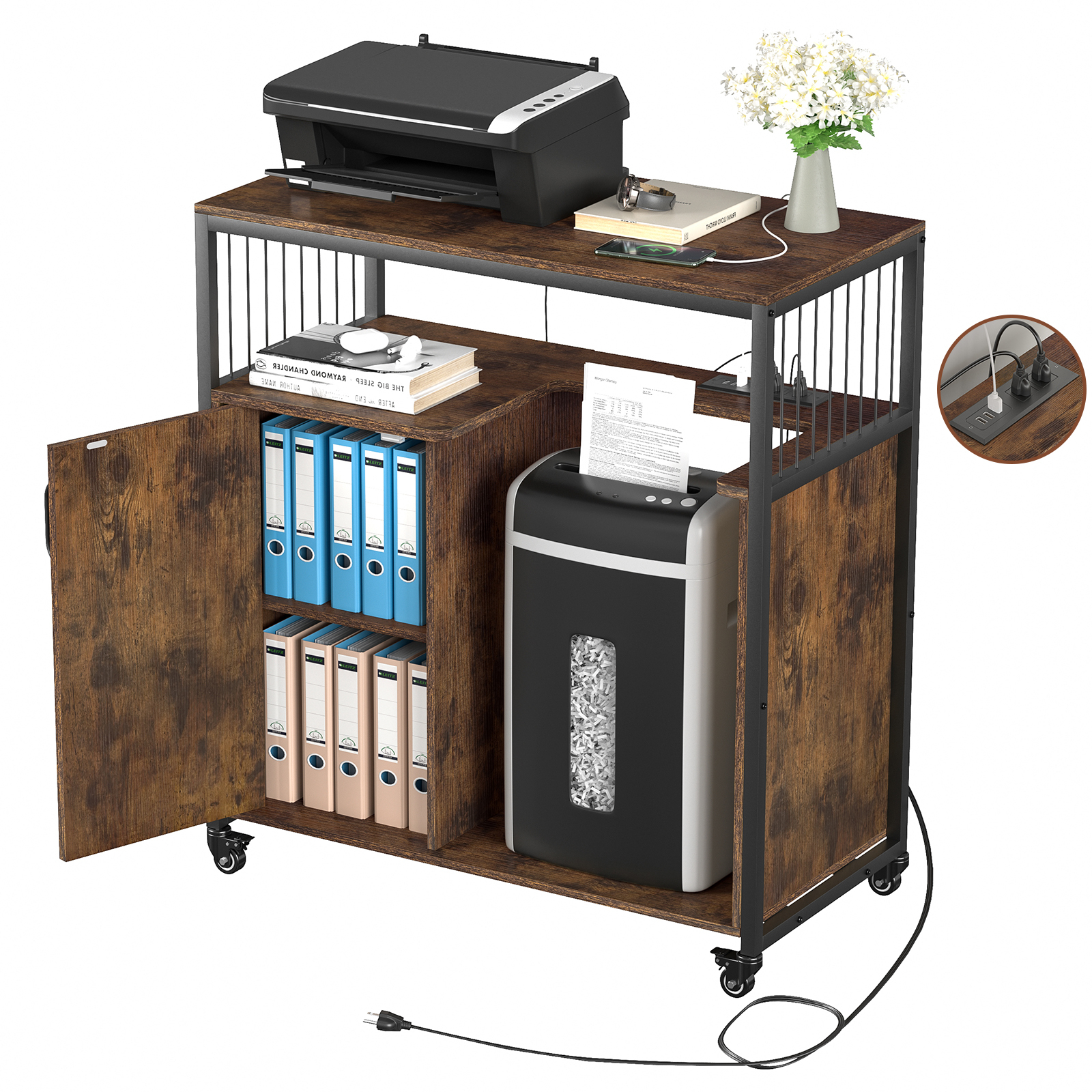 Anmytek Large Printer Stand with Storage, 4 Tier Printer Table with Adjustable Storage Shelf, Lateral File Cabinet with Socket and USB Charging Port with Paper Shredder Stand for Home, Office