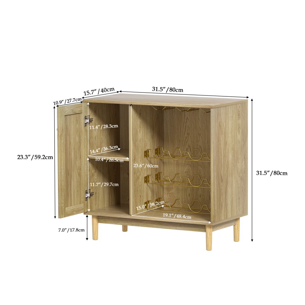 Anmytek Wine Cabinet with Wine Rack, Rattan Bar Buffet Cabinets with Storage, Cupboard Wood Sideboard for Wine Bottle, Liquor, Farmhouse Furniture