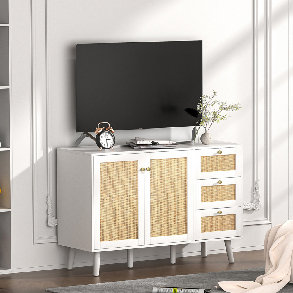 Anmytek Rattan Cabinet, Black Sideboard Buffet Cabinet with 2 Doors and 3 Drawers, Sideboard with Storage Wood Credenza Storage Cabinet for Living Room Dining Room Hallway Kitchen