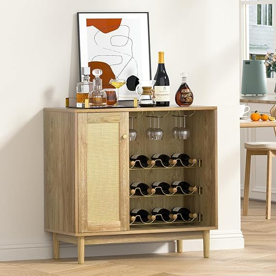 Anmytek Rattan Bar Buffet Cabinet with Storage Cabinets