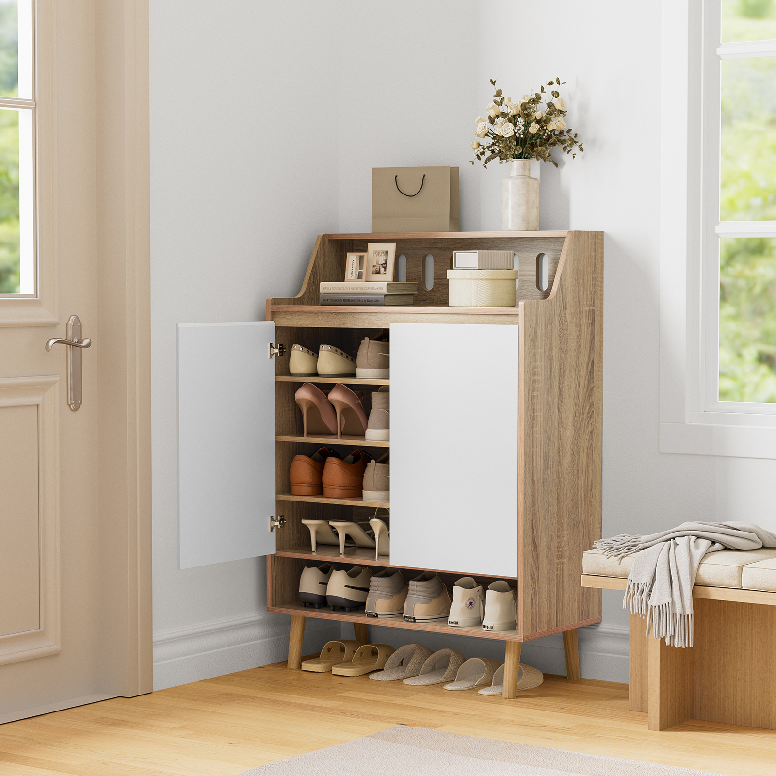 Anmytek Storage Cabinet with Doors, 5-Tier Wooden Shoes Rack Shoe Storage Organizer