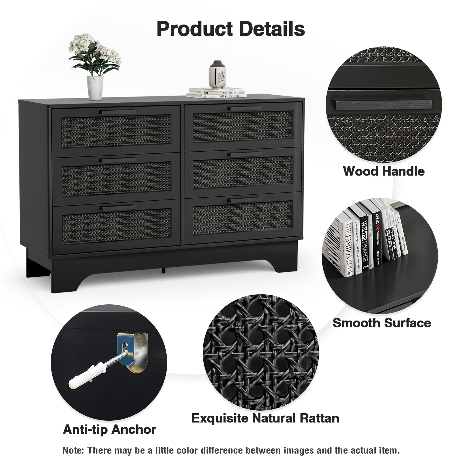 Anmytek Black Rattan 6 Drawer Dresser for Bedroom, Wood Dressers for Bedroom