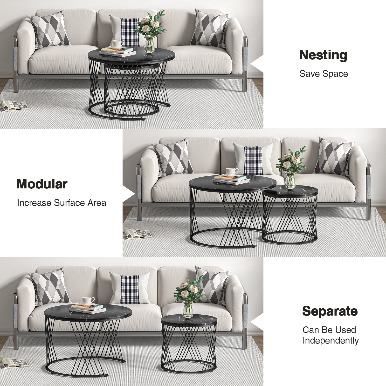 Anmytek Black Round Coffee Table Set of 2, Nesting Coffee Table